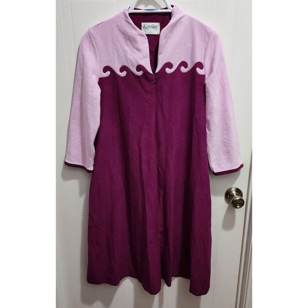 Vintage 80s Kayser Women's Zip Front Robe Polyester Fleece Purple Waves Size P